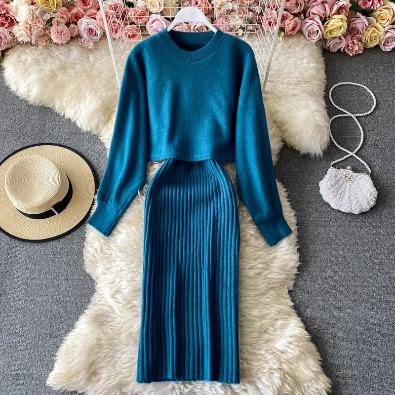 Conjunto Feminino Vestido Midi E Tricot Jasmim Azul / Tamanho Único Conjunto 052